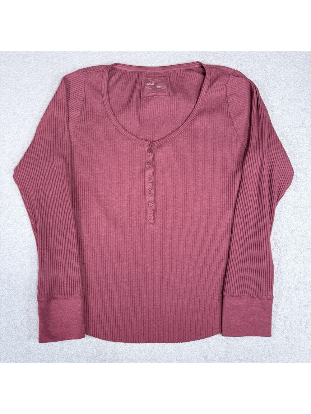 Aerie Henley Top Women XL Burgundy Ribbed Long Sleeve Button Neck Shirt